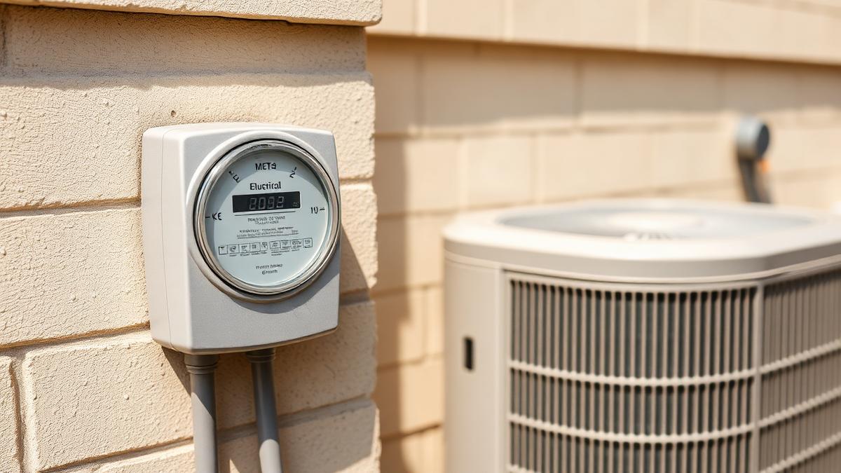 Medidor de energia elétrica ao lado da unidade condensadora de ar-condicionado