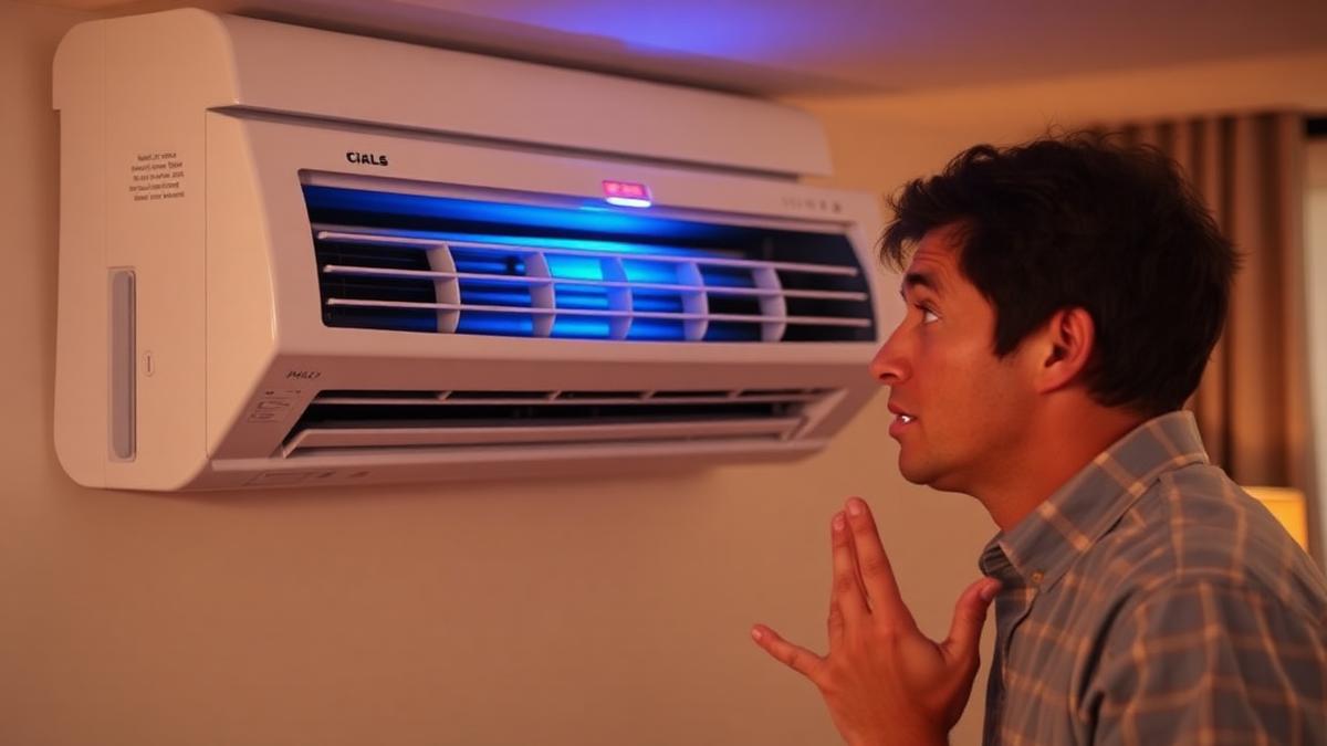 Pessoa observando ar-condicionado com LED piscando após desligar sozinho