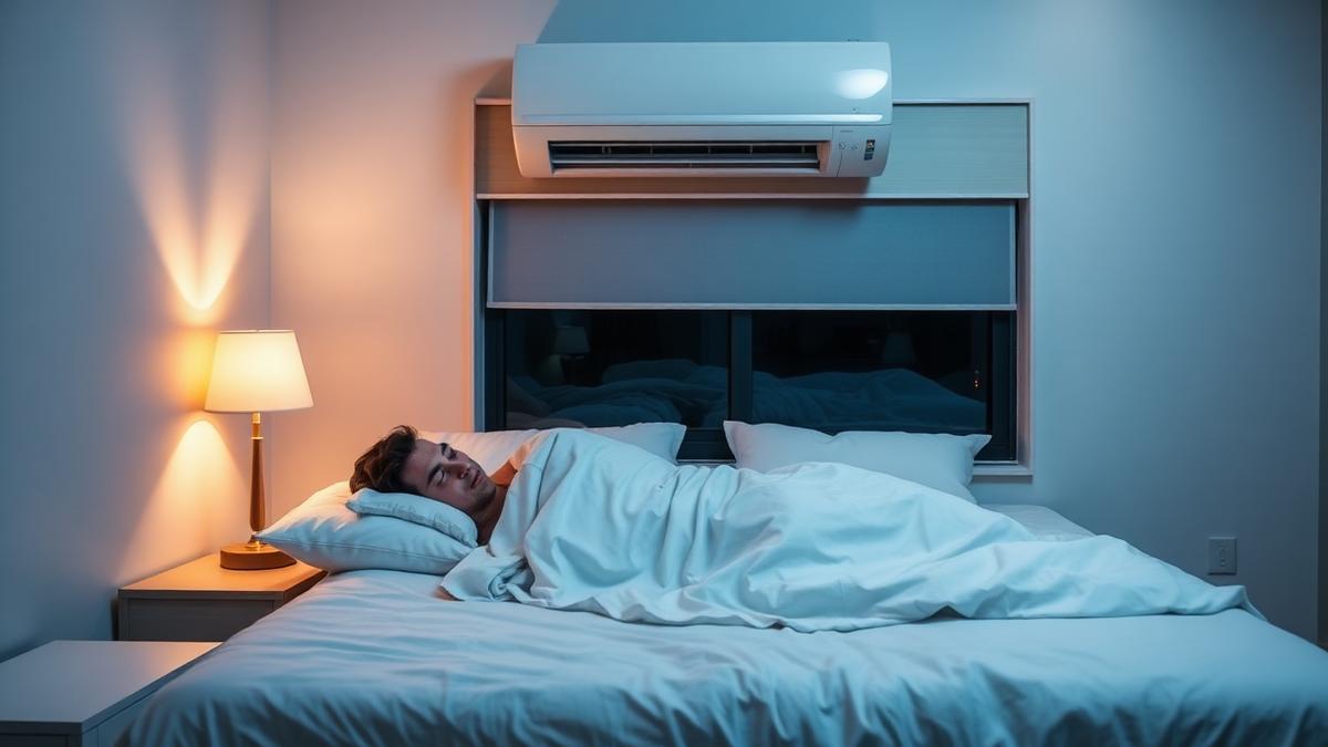 Pessoa dormindo em quarto com ar-condicionado ligado durante a noite