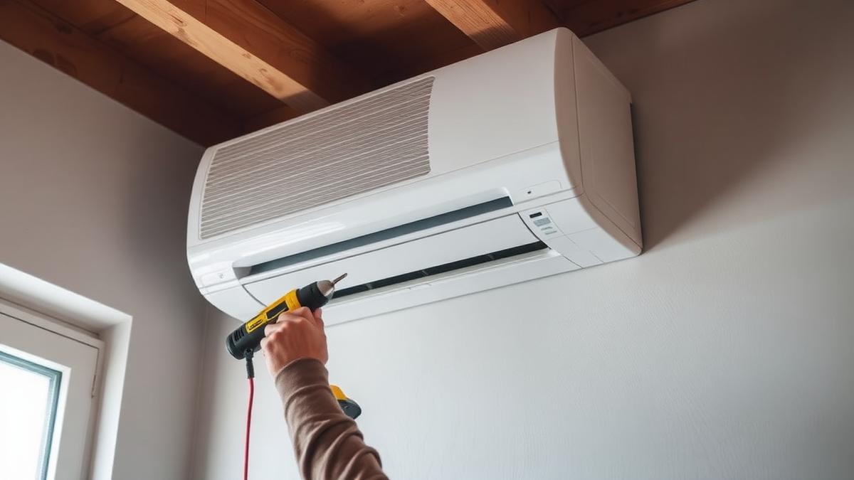 Técnico instalando unidade evaporadora de ar-condicionado split na parede