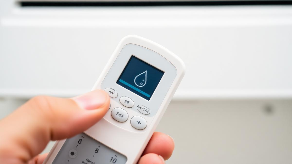 Controle remoto de ar-condicionado exibindo o ícone de gota do modo DRY