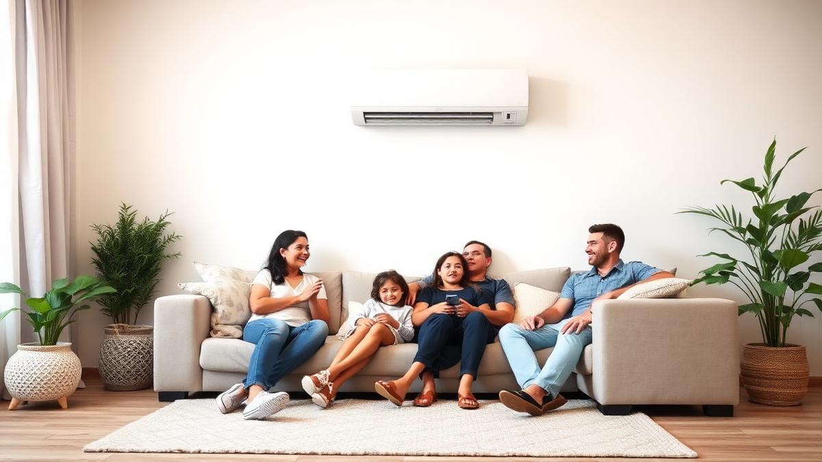 Família na sala com ar-condicionado instalado e ambiente arejado