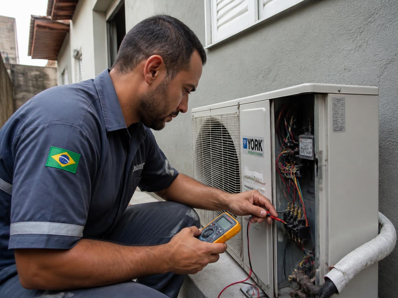 Técnico de ar condicionado realizando manutenção em unidade externa